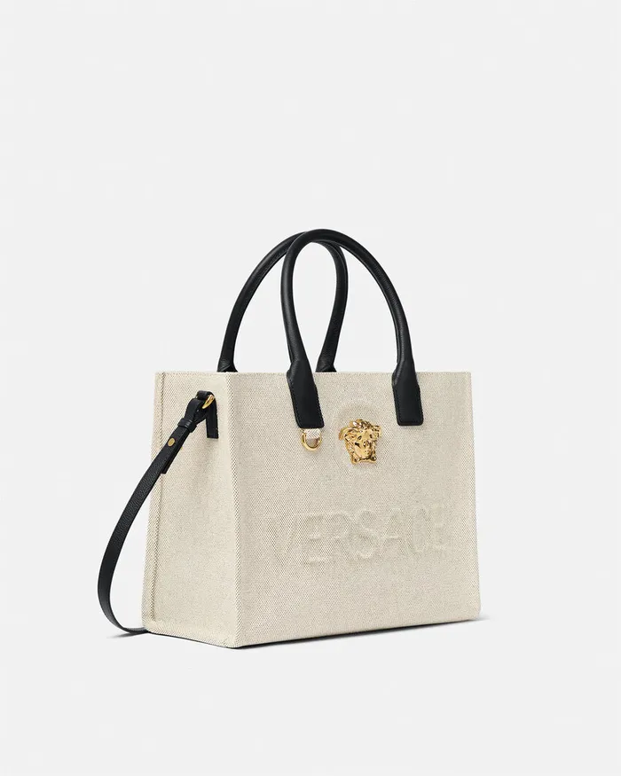 Versace Totes Women La Medusa Canvas Small Tote Bag Beige