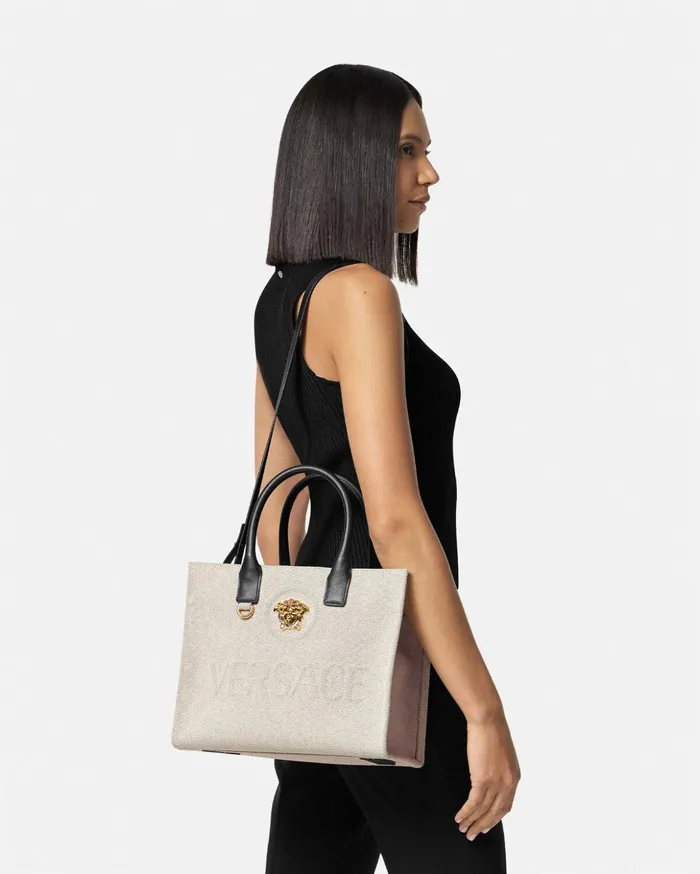 Versace Totes Women La Medusa Canvas Small Tote Bag Beige