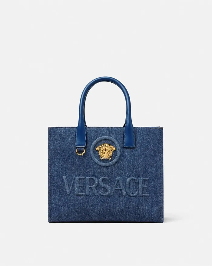 Versace Totes Women La Medusa Denim Small Tote Bag Blue