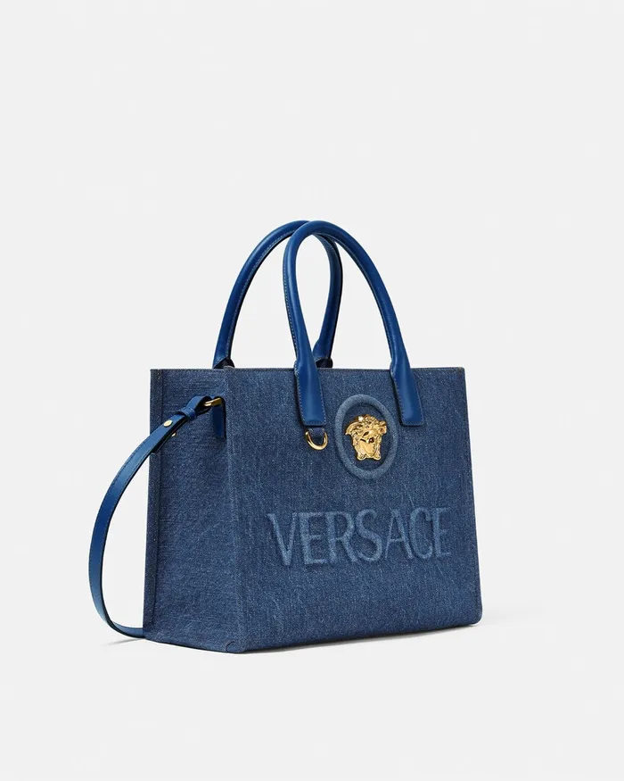 Versace Totes Women La Medusa Denim Small Tote Bag Blue