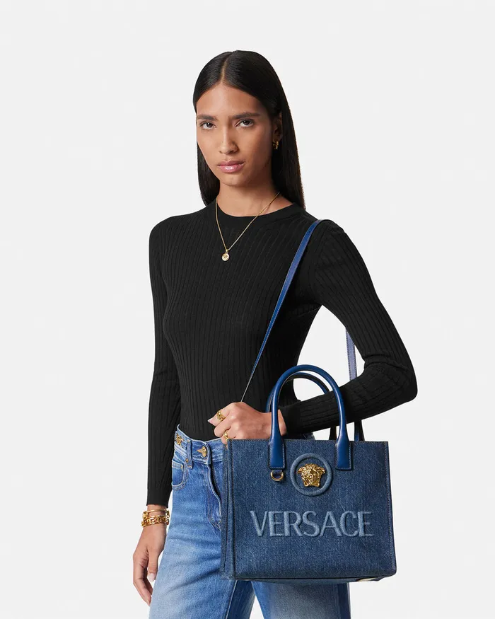 Versace Totes Women La Medusa Denim Small Tote Bag Blue