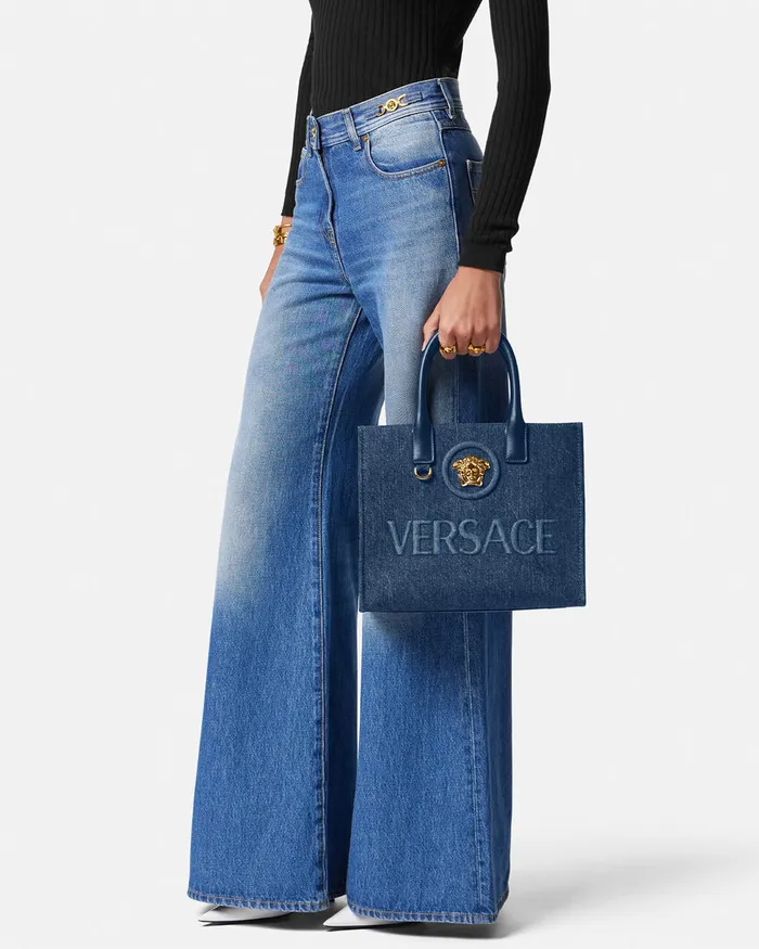 Versace Totes Women La Medusa Denim Small Tote Bag Blue