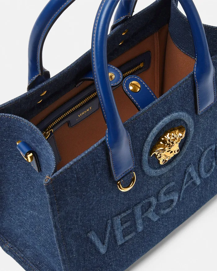 Versace Totes Women La Medusa Denim Small Tote Bag Blue