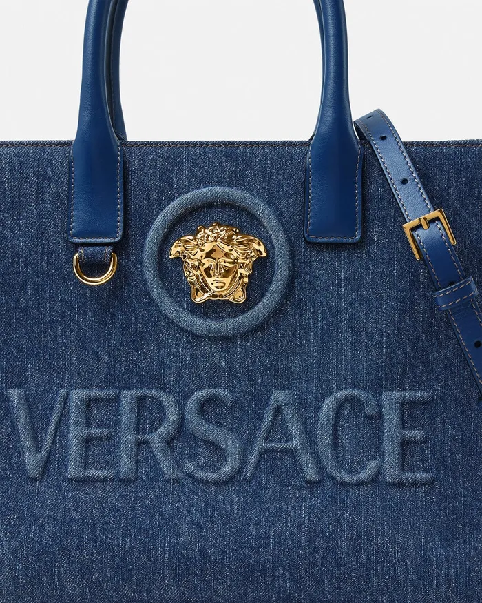 Versace Totes Women La Medusa Denim Small Tote Bag Blue