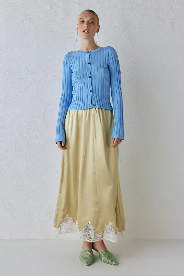 VRG GRL Aisla Satin Midi Skirt Sage Women Skirts