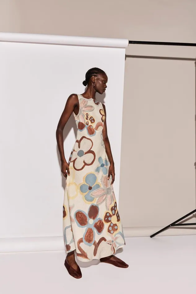 VRG GRL Art Of Bloom Linen Bias Cut Maxi Dress Flower Women MidiMaxi Dresses