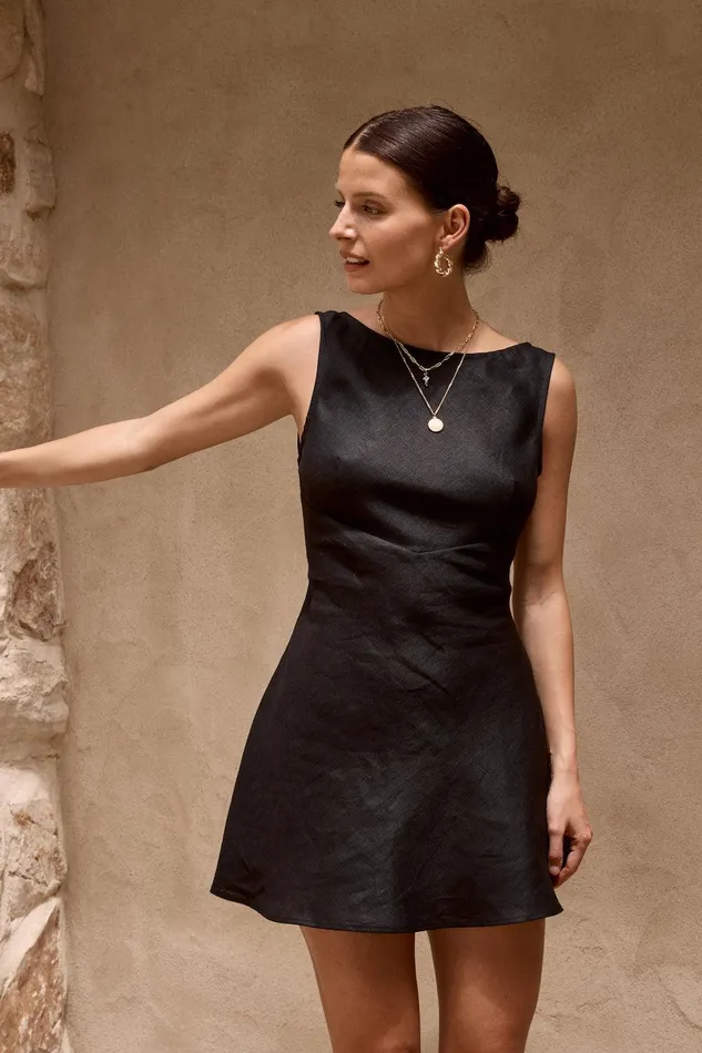 VRG GRL Art Of Bloom Linen Bias Cut Mini Dress Black Women Mini Dresses