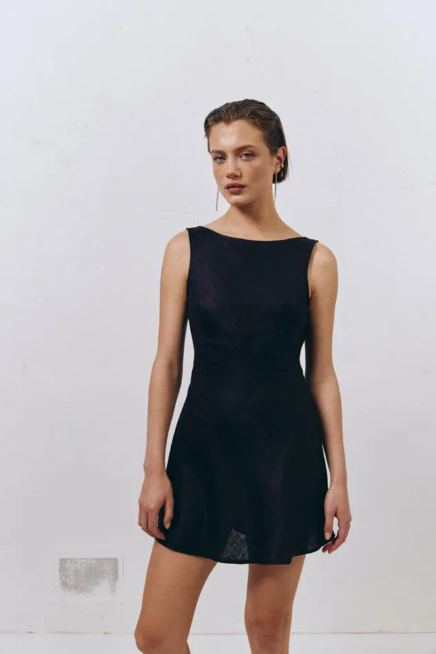 VRG GRL Art Of Bloom Linen Bias Cut Mini Dress Black Women Mini Dresses VRG GRL Art Of Bloom Linen Bias Cut Mini Dress Black Women Mini Dresses