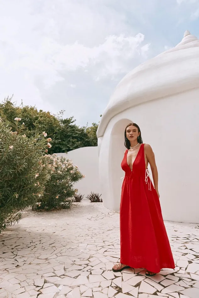 VRG GRL Paros Palms Linen Midi Dress Red Women MidiMaxi Dresses