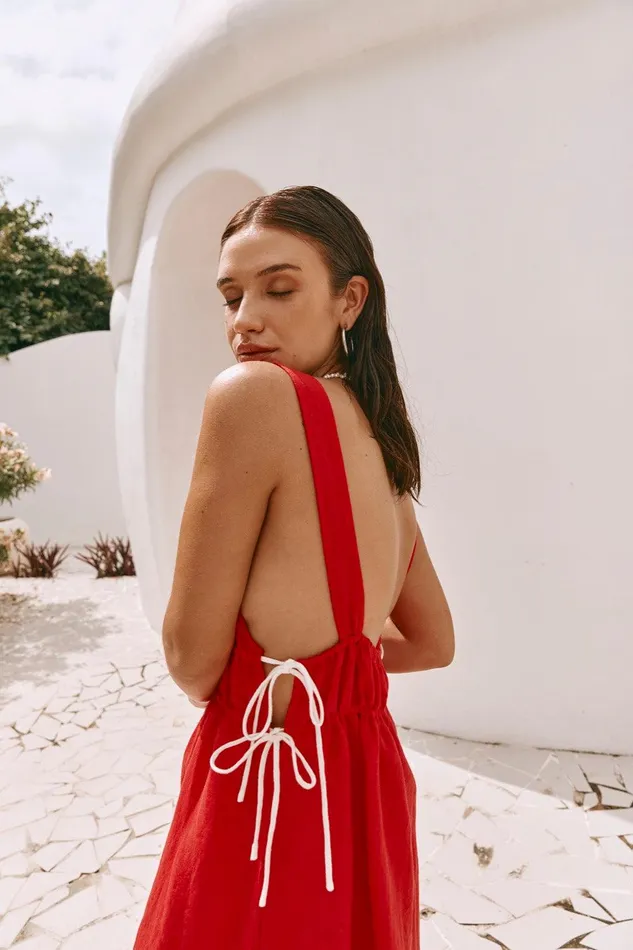 VRG GRL Paros Palms Linen Midi Dress Red Women MidiMaxi Dresses VRG GRL Paros Palms Linen Midi Dress Red Women MidiMaxi Dresses