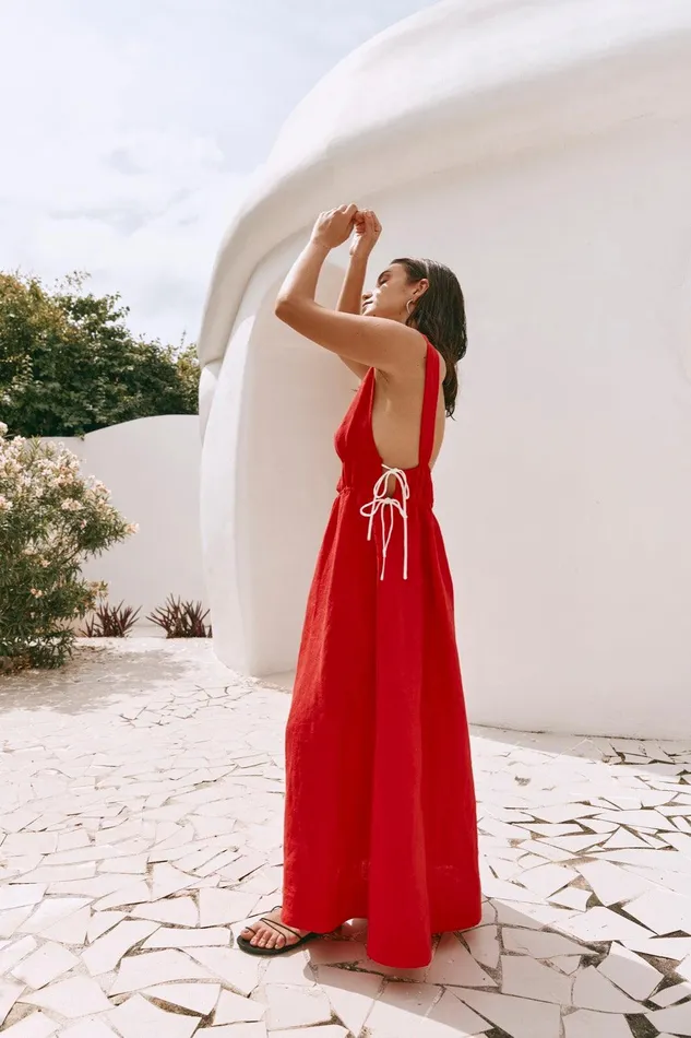 VRG GRL Paros Palms Linen Midi Dress Red Women MidiMaxi Dresses VRG GRL Paros Palms Linen Midi Dress Red Women MidiMaxi Dresses