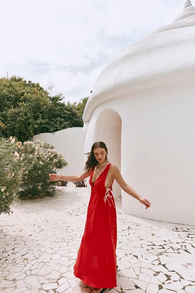 VRG GRL Paros Palms Linen Midi Dress Red Women MidiMaxi Dresses VRG GRL Paros Palms Linen Midi Dress Red Women MidiMaxi Dresses