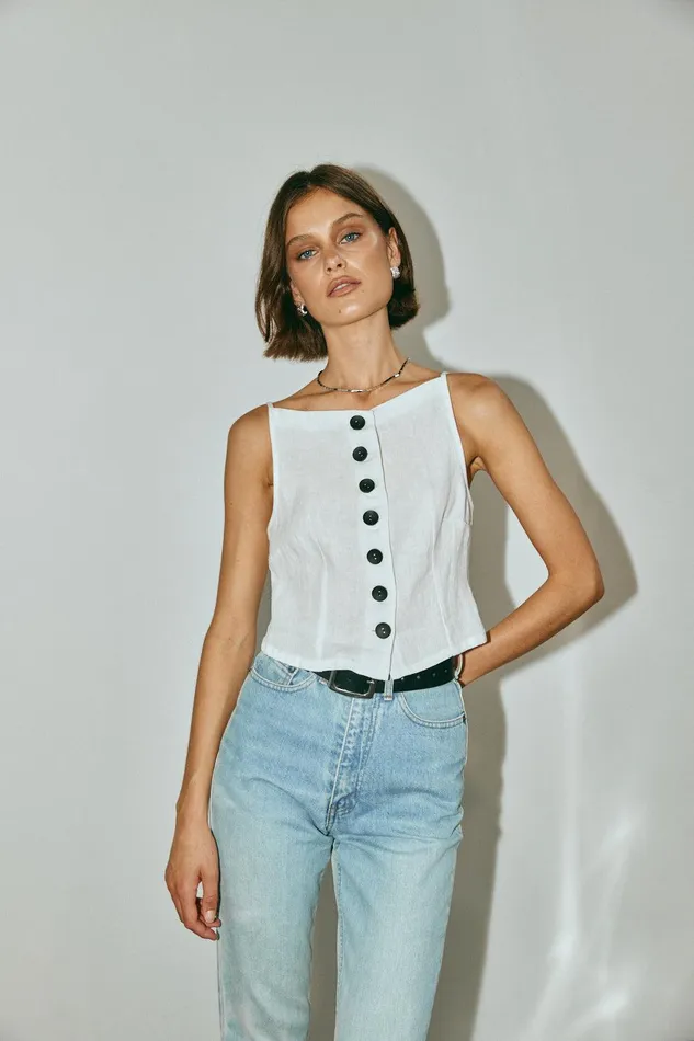 VRG GRL Rumi Linen Top White Women Sleeveless