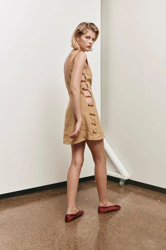 VRG GRL Tia Linen Mini Dress Ochre Women Mini Dresses VRG GRL Tia Linen Mini Dress Ochre Women Mini Dresses
