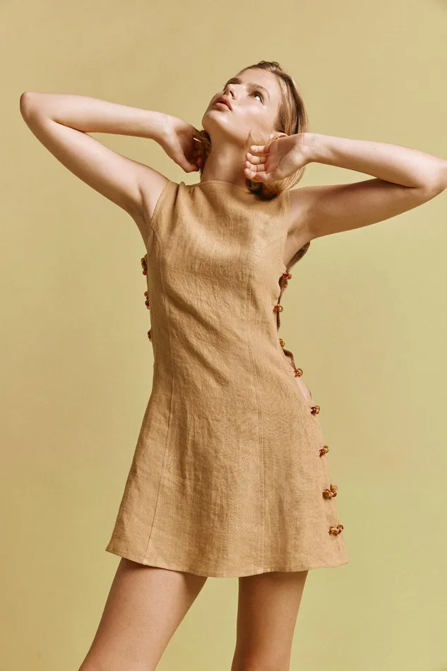 VRG GRL Tia Linen Mini Dress Ochre Women Mini Dresses VRG GRL Tia Linen Mini Dress Ochre Women Mini Dresses