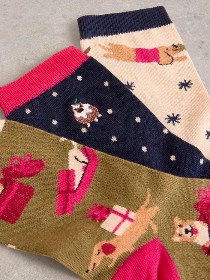 Women 3PK Christmas Dog Sock Navy Multi White Stuff Socks