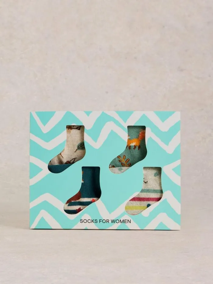 Women 4 Pack Woodland Animals Sock Navy Multi White Stuff Socks