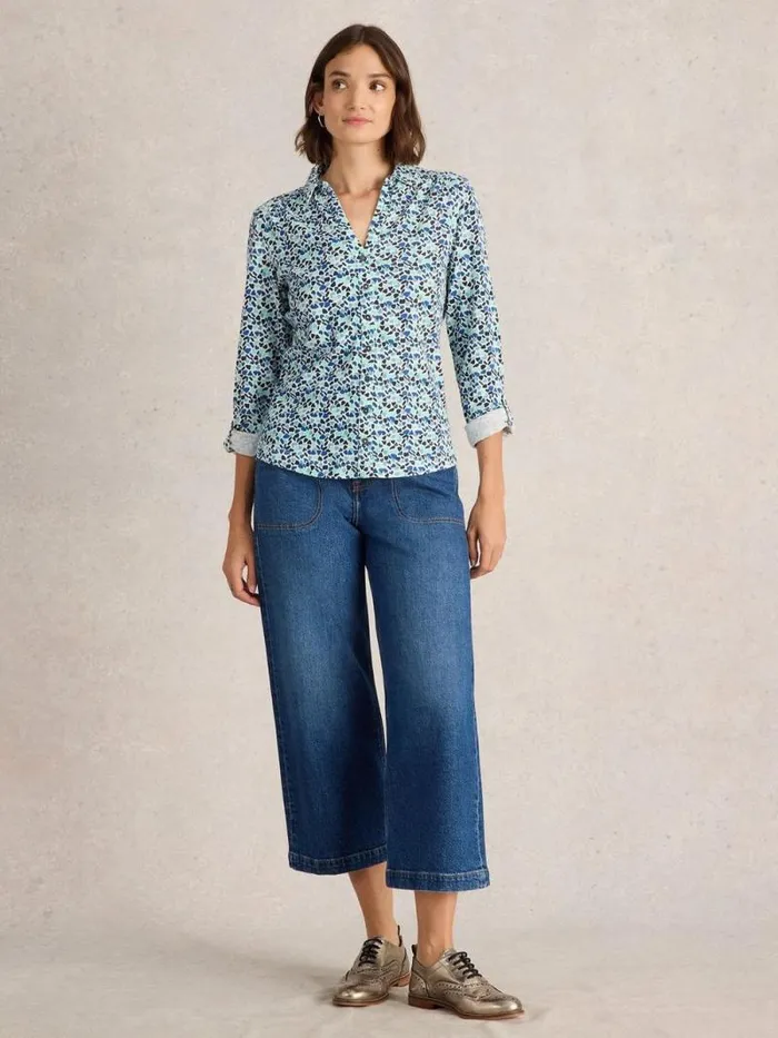Women ANNIE COLLARED JERSEY SHIRT Blue Multi White Stuff Shirts and Blouses
