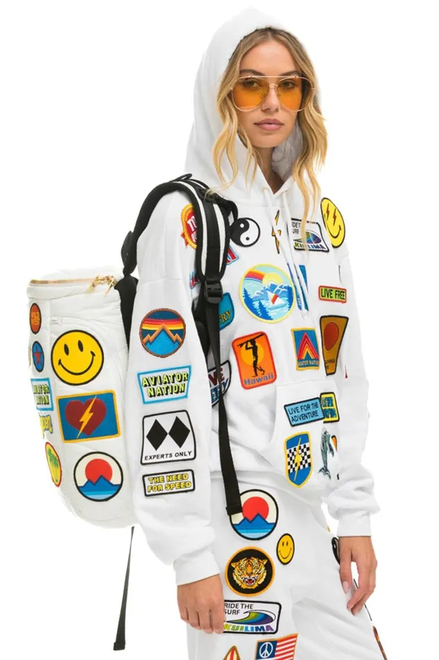 Women Backpacks Aviator Nation VINTAGE PATCH PUFFER BACKPACK 8211 WHITE GLOSSY