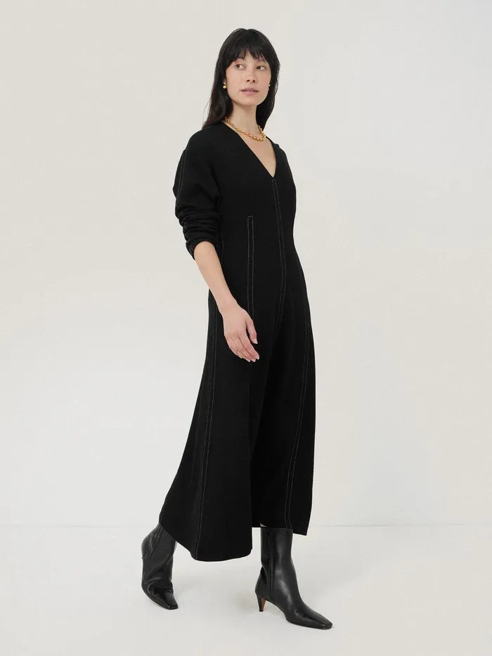 Women Batwing Stitched Dress Black Jigsaw Dresses and Jumpsuits