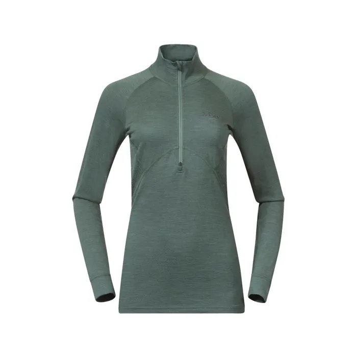 Women Bergans Of Norway Wool Longsleeved Shirts InnerPure W Half Zip Dark Jade Green