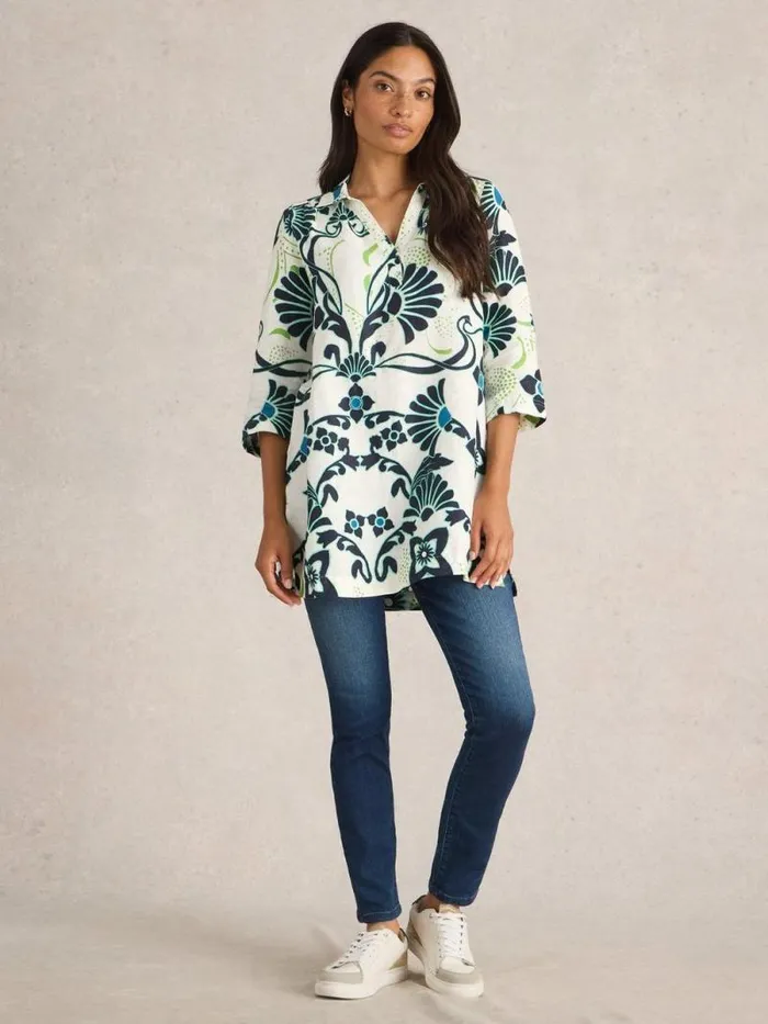 Women Blake Linen Tunic Ivory Print White Stuff Shirts and Blouses
