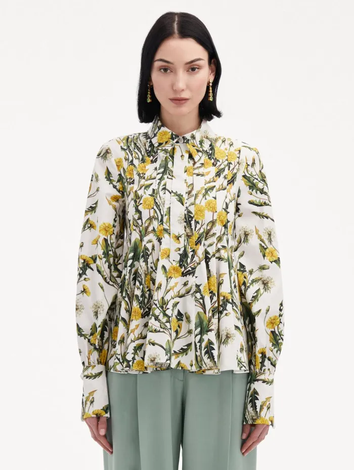 Women Blouses and Knits Oscar De La Renta Dandelion Cotton Poplin Blouse Yellow Ivory