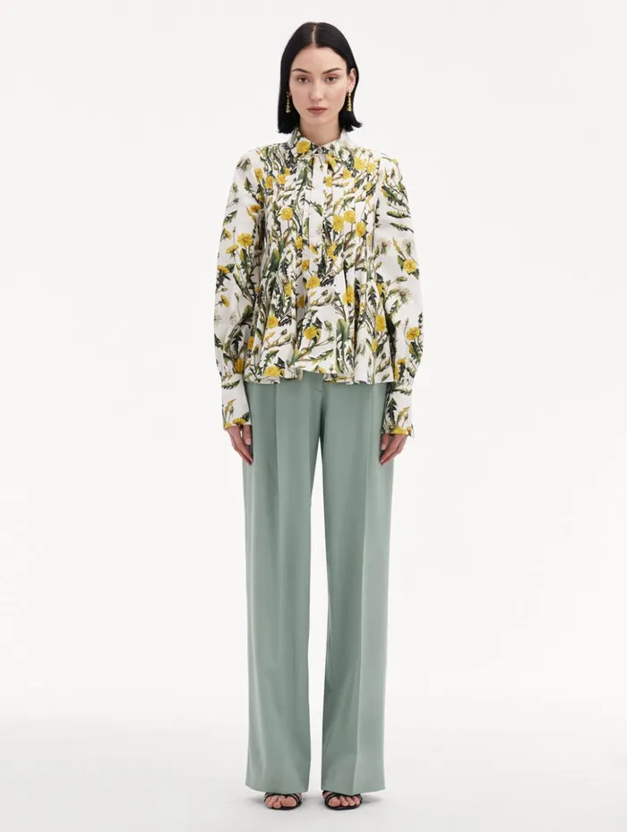 Women Blouses and Knits Oscar De La Renta Dandelion Cotton Poplin Blouse Yellow Ivory