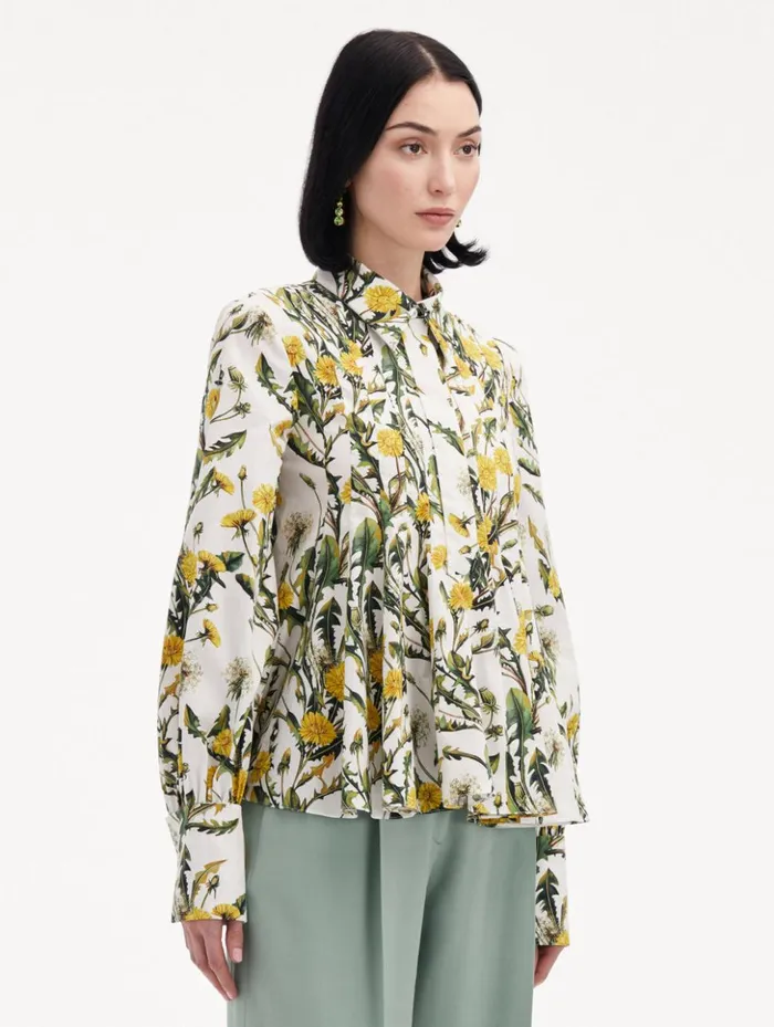 Women Blouses and Knits Oscar De La Renta Dandelion Cotton Poplin Blouse Yellow Ivory