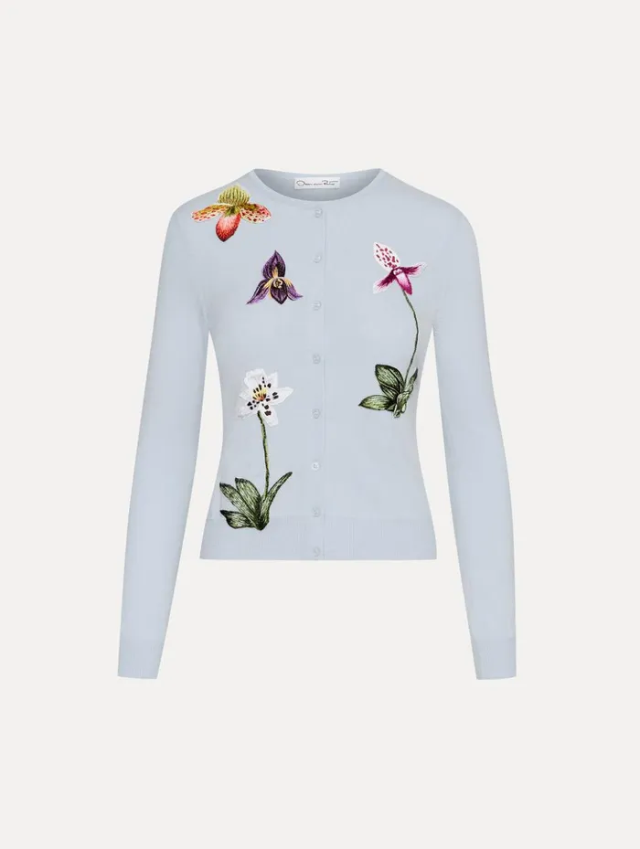 Women Blouses and Knits Oscar De La Renta Orchid Threadwork Cardigan Light Blue