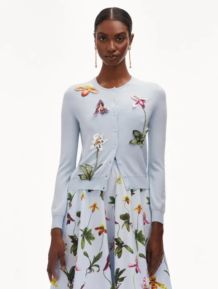 Women Blouses and Knits Oscar De La Renta Orchid Threadwork Cardigan Light Blue Women Blouses and Knits Oscar De La Renta Orchid Threadwork Cardigan Light Blue