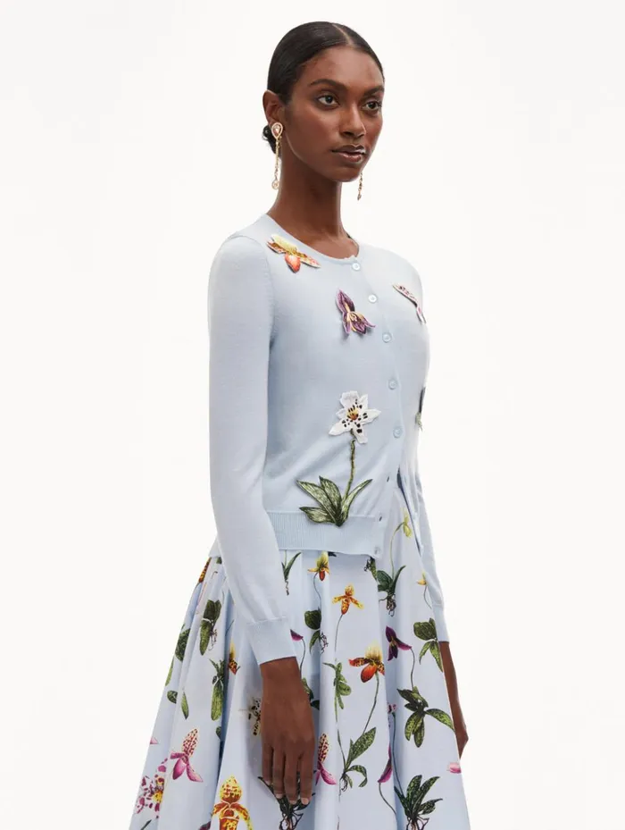 Women Blouses and Knits Oscar De La Renta Orchid Threadwork Cardigan Light Blue Women Blouses and Knits Oscar De La Renta Orchid Threadwork Cardigan Light Blue