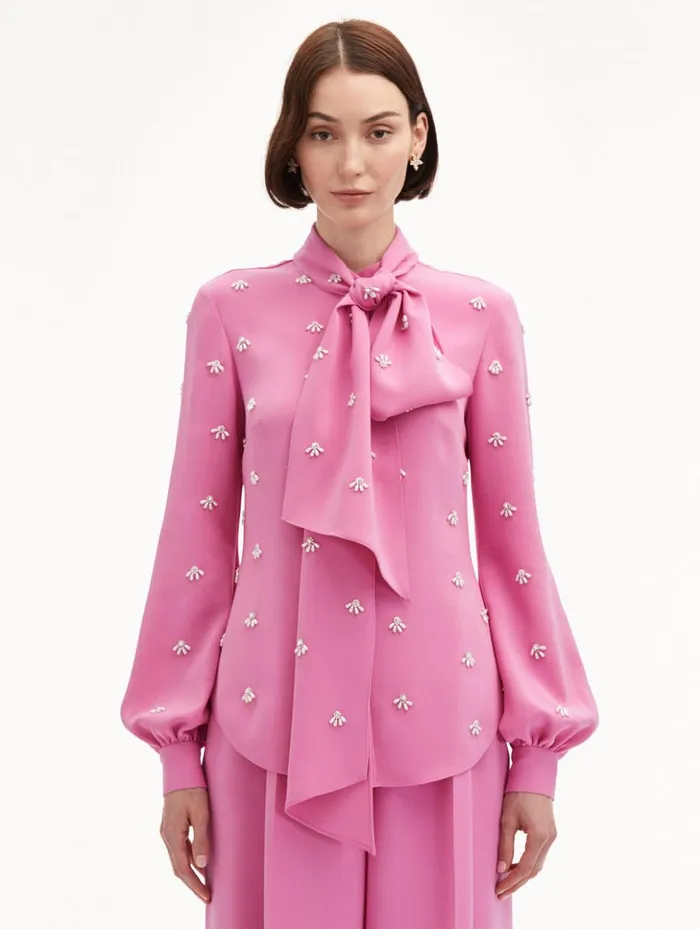 Women Blouses and Knits Oscar De La Renta Pearl Cabochon Blouse Rosehip