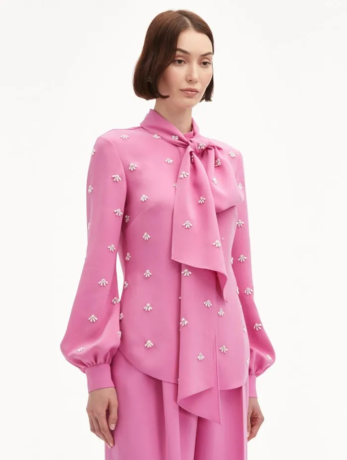 Women Blouses and Knits Oscar De La Renta Pearl Cabochon Blouse Rosehip