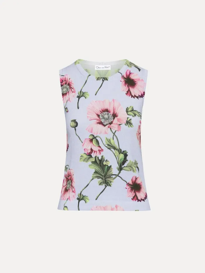 Women Blouses and Knits Oscar De La Renta Poppy Printed Inset Tank Light Blue Pink