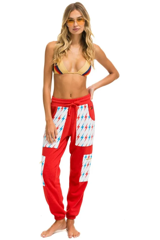 Women Bottoms Aviator Nation AVIATOR BOLT CARGO COLOR BLOCK SWEATPANTS 8211 RED USA