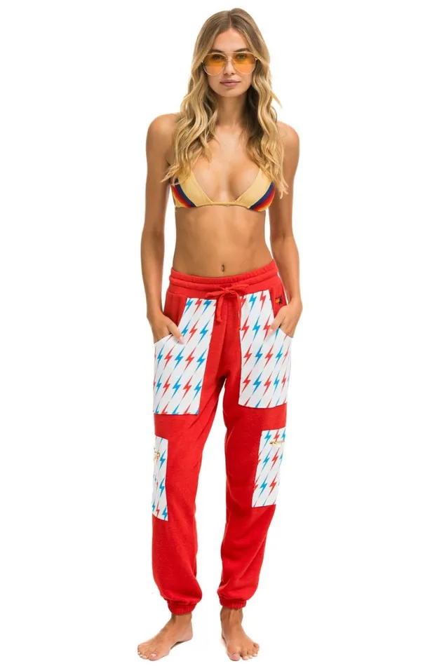 Women Bottoms Aviator Nation AVIATOR BOLT CARGO COLOR BLOCK SWEATPANTS 8211 RED USA