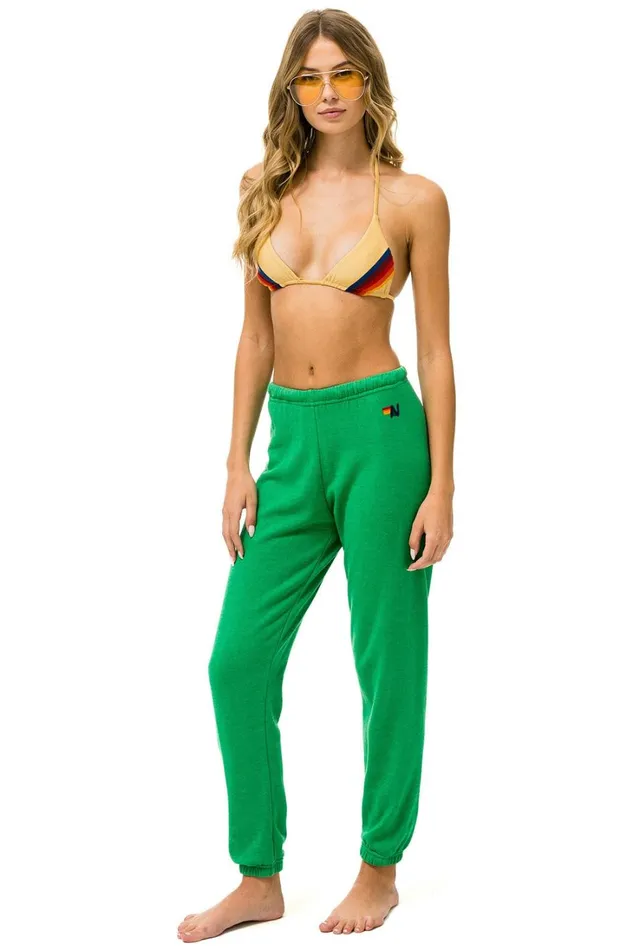 Women Bottoms Aviator Nation RIDE LOGO WHITE SWEATPANTS 8211 KELLY GREEN