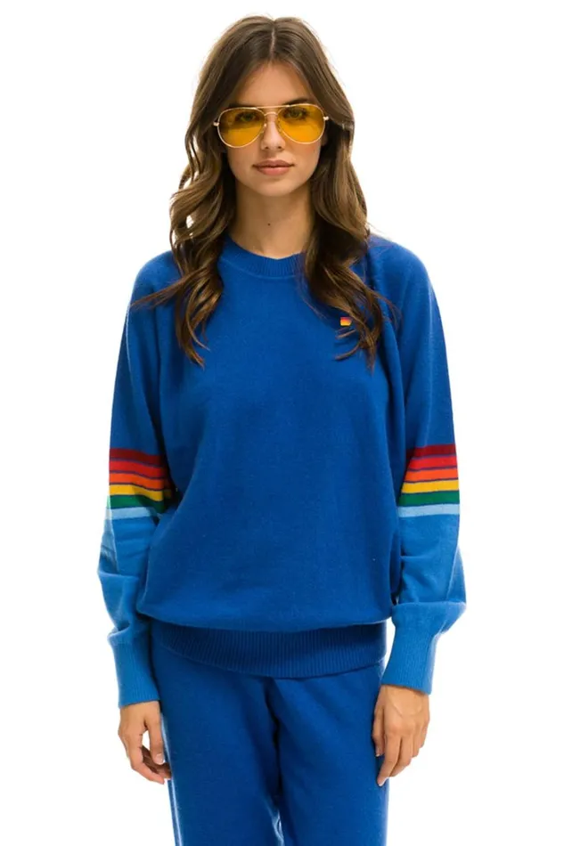 Women Cashmere Aviator Nation RAINBOW STRIPE SLEEVE UNISEX CASHMERE LIGHT SWEATER 8211 VINTAGE BLUE