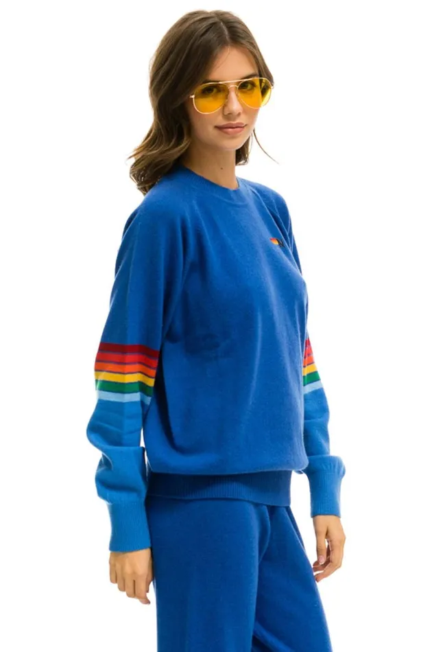 Women Cashmere Aviator Nation RAINBOW STRIPE SLEEVE UNISEX CASHMERE LIGHT SWEATER 8211 VINTAGE BLUE