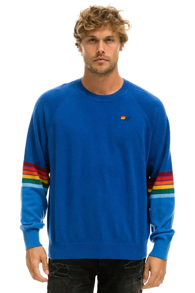 Women Cashmere Aviator Nation RAINBOW STRIPE SLEEVE UNISEX CASHMERE LIGHT SWEATER 8211 VINTAGE BLUE