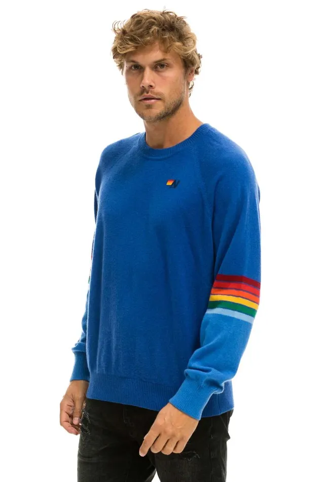 Women Cashmere Aviator Nation RAINBOW STRIPE SLEEVE UNISEX CASHMERE LIGHT SWEATER 8211 VINTAGE BLUE
