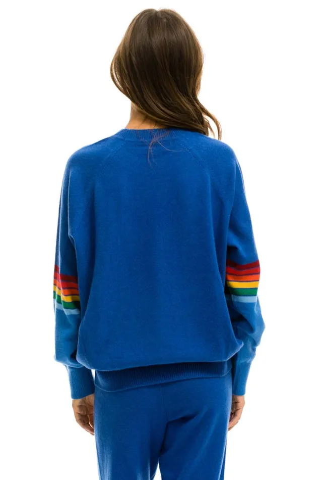 Women Cashmere Aviator Nation RAINBOW STRIPE SLEEVE UNISEX CASHMERE LIGHT SWEATER 8211 VINTAGE BLUE