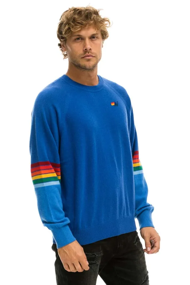 Women Cashmere Aviator Nation RAINBOW STRIPE SLEEVE UNISEX CASHMERE LIGHT SWEATER 8211 VINTAGE BLUE