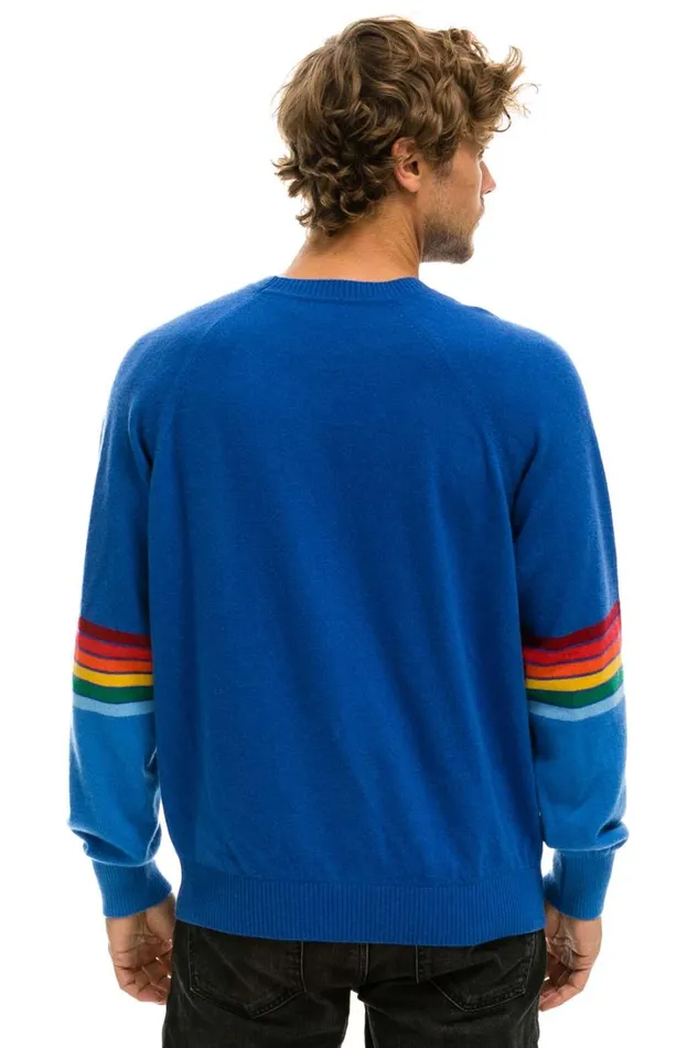 Women Cashmere Aviator Nation RAINBOW STRIPE SLEEVE UNISEX CASHMERE LIGHT SWEATER 8211 VINTAGE BLUE