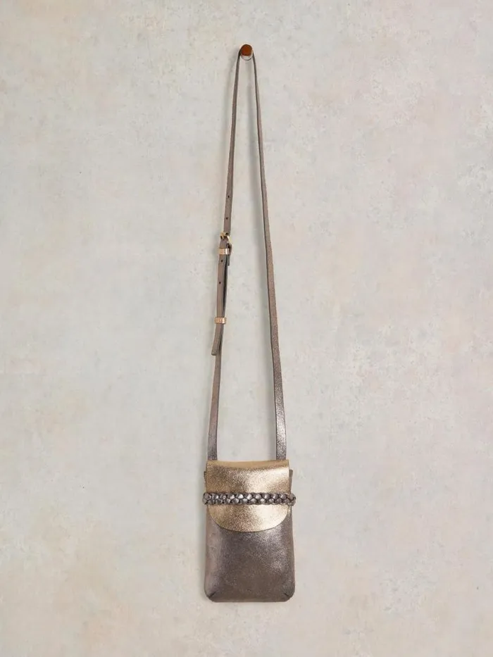Women Clemmy Leather Phone Bag Coloured Metallic White Stuff Bags and Purses