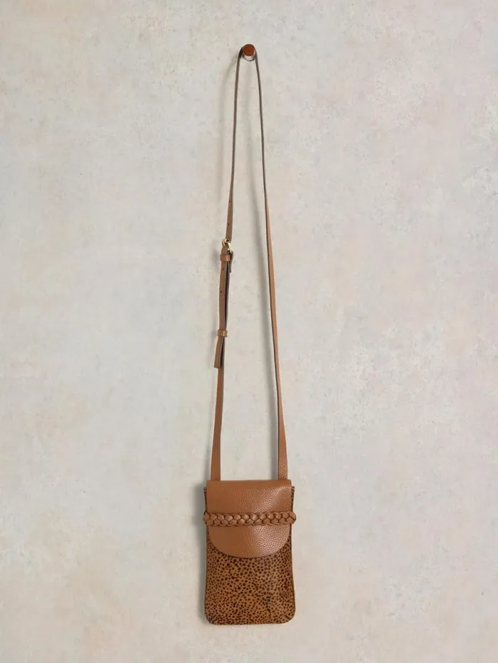 Women Clemmy Leather Phone Bag Tan Multi White Stuff Bags and Purses