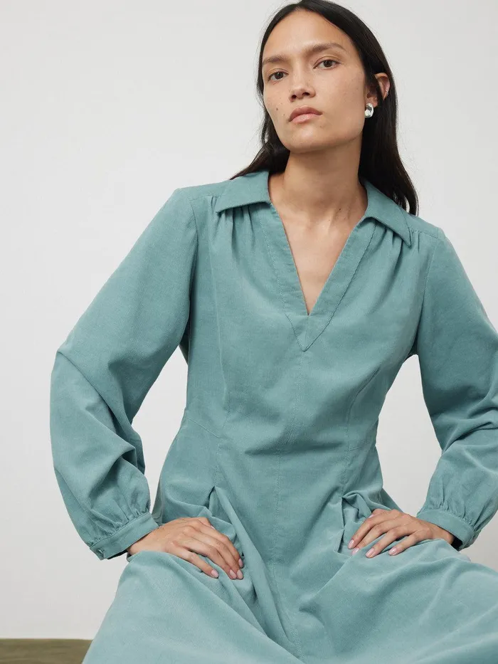 Women Corduroy V Neck Dress Blue Jigsaw Dresses and Jumpsuits