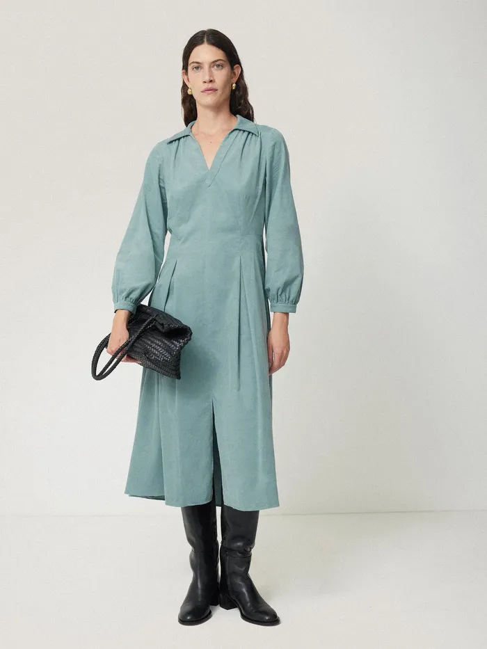 Women Corduroy V Neck Dress Blue Jigsaw Dresses and Jumpsuits