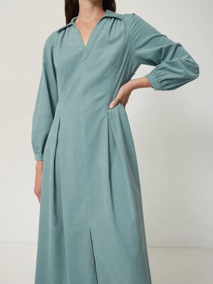 Women Corduroy V Neck Dress Blue Jigsaw Dresses and Jumpsuits